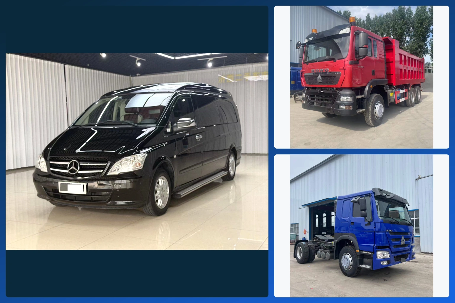 Used vehicle sourcing: a Mercedes-Benz Vito commercial van alongside red HOWO dump truck and blue HOWO tractor unit references.