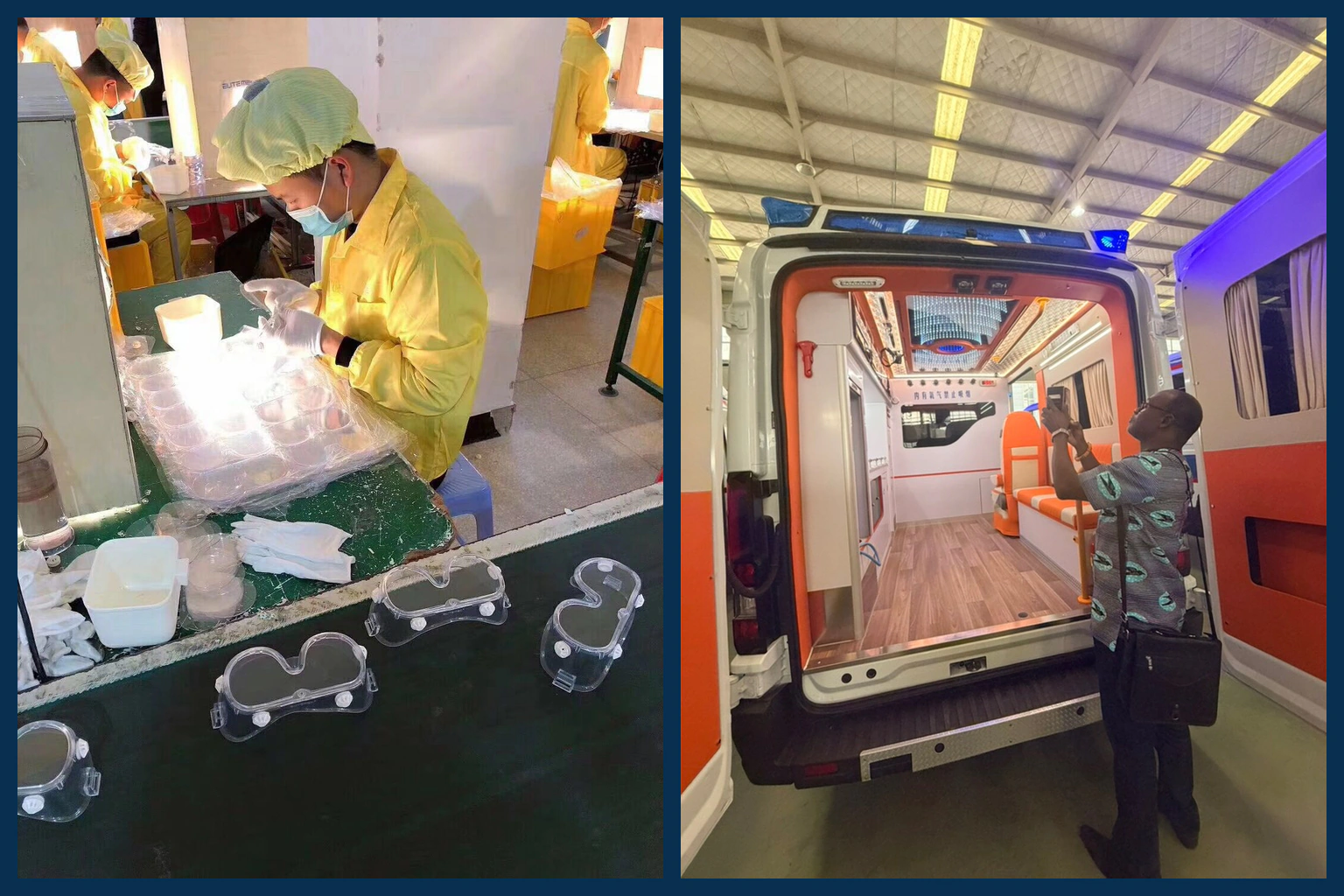 ONETWOSAIL project photographs showing protective goggles at a factory workstation and an ambulance supplier visit.